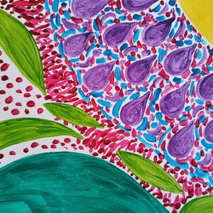 May include: Abstract painting with a circular design featuring purple, pink, blue, and green colors. The painting has a white background and a yellow sun in the upper right corner.