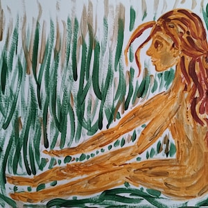 Dipinto di donna con tavolozza neutra: arte verde, marrone e oro