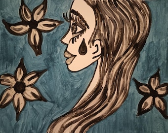 Pintura original: Niña llorando lágrimas de tristeza, arte melancólico
