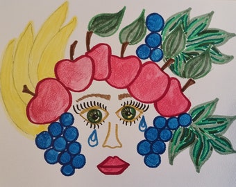 A colorful painting of fruits surrounding a cute woman's face. Colorful composition, signifying health but also tears and sadness.