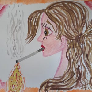 Original watercolor: &quot;Brunette&quot;. A brunette lighting a cigarette, enjoying the small pleasures of life.