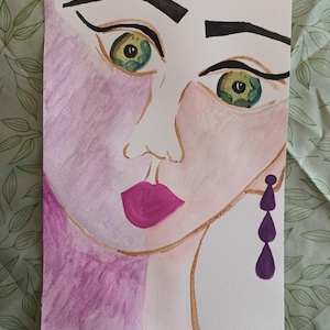 Watercolor Painting: Green-Eyed Woman with Pink Lipstick