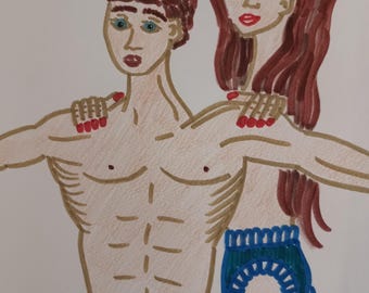 Dibujo original en técnica mixta: "Danza de cuerpos" - Couple Art