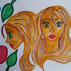 Twin sisters. A painting of two identical girls facing different directions. A cute painting radiating human health and beauty.