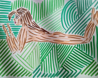 Dessin : dessin géométrique d'une fille entourée de nuances de vert. Une fillette allongée, détendue au milieu de différentes nuances de vert/nature.