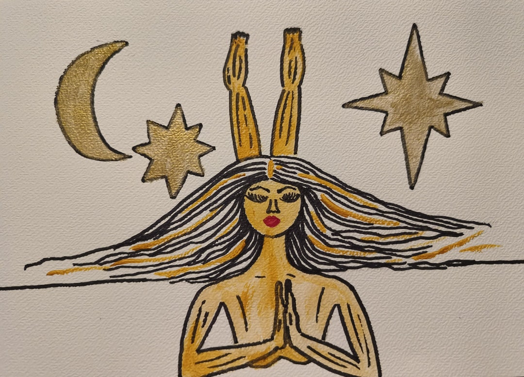 Under the Stars. A Woman Resting Under a Set of Two Golden Stars and a ...