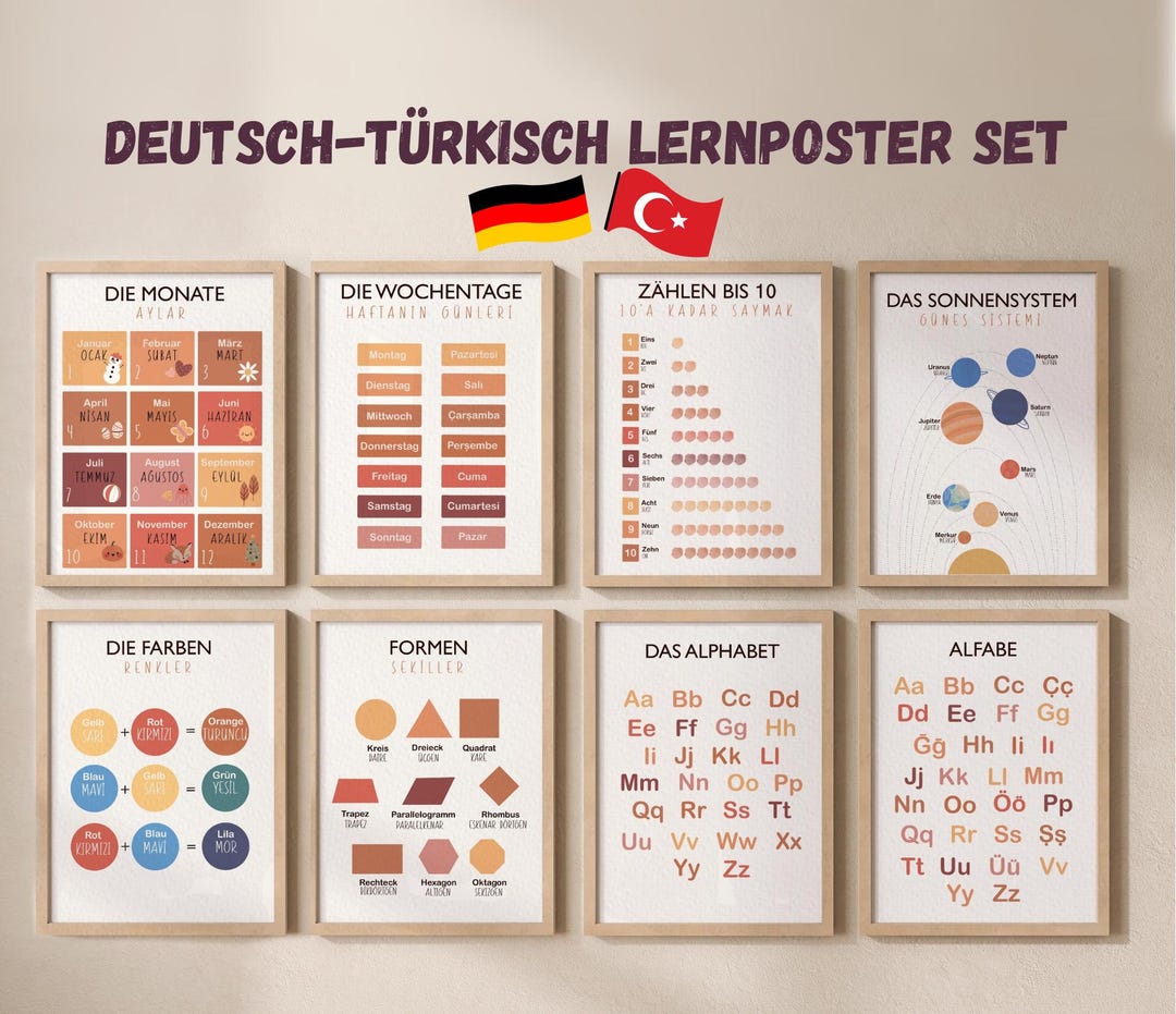 Deutsch Türkisch Lernposter Set Für Kinder – Bilinguale Wanddeko A4