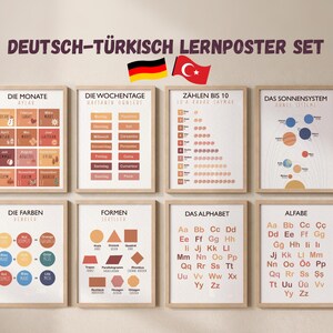 Pósteres de aprendizaje de alemán y turco para niños – Decoración de pared bilingüe A4 – Números, colores, alfabeto y meses – Preescolar y primaria