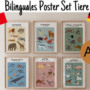 Set di poster bilingue – Animali in turco e tedesco 6 poster unici per le camerette e le aule dei bambini