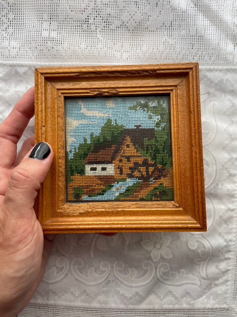 Vintage Framed and Ready to Hang Needlepoint Wall Art / Small Framed