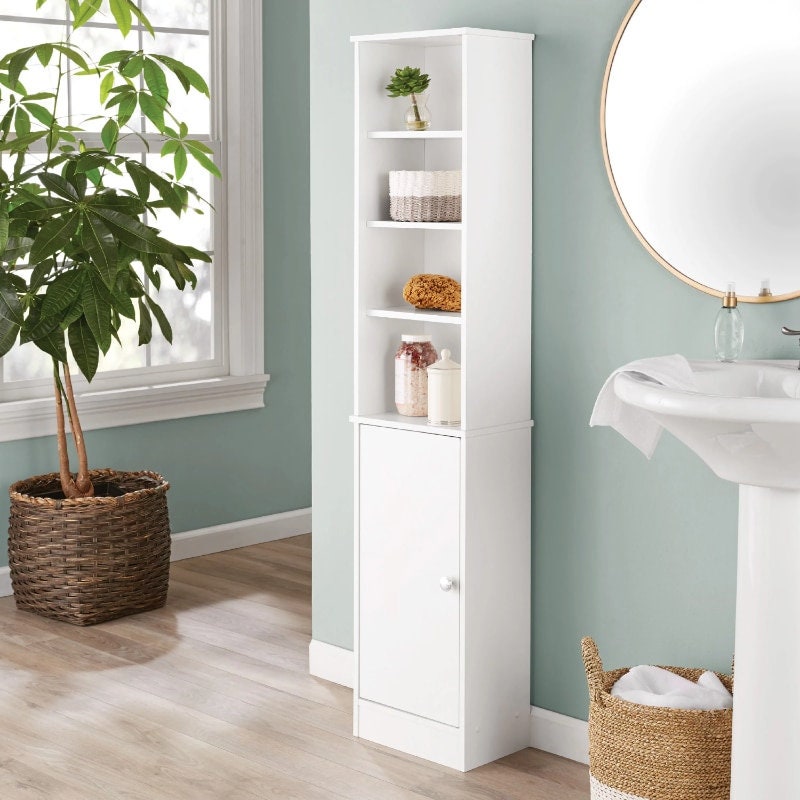 White Slatted Bathroom Wall Shelf - AEWholesale