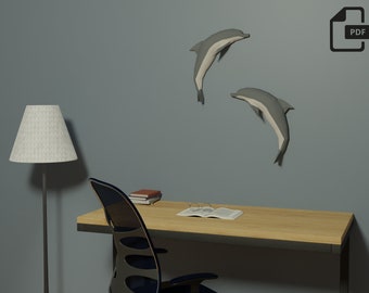 Papercraft Delfin PDF Vorlage (2 Delfine), digitale Dateien für 3D Papier Handwerk Origami Skulptur, do it yourself, DIY, home decor, wall art