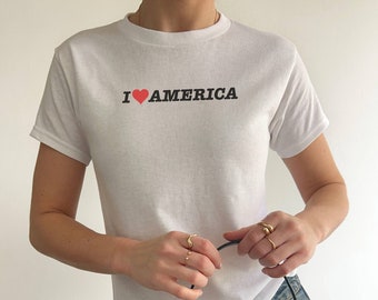 I Heart America, Fourth of July Baby Tee, Y2k Baby Tee, Americana Shirt, Independence Day Crop Top, 90s Top, Tailgate Clothes, Yee Haw Shirt