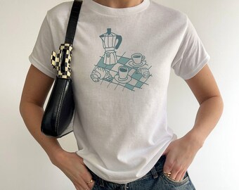 Croissant Baby Tee, Coquette Top, Y2k Baby Tee, Girlhood Picnic TShirt, Coffee Baby Tee, Coastal Grandma Aesthetic, Farmers Market Shirt