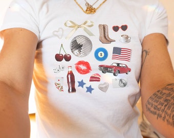 Fourth of July Baby Tee, Y2k Baby Tee, Scrapbook Aesthetic Shirt, Independence Day Crop Top, Downtown Girl, Americana Coquette Top, 90s Top