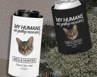 Personalized Can Cooler, Getting Meowied, Face on a Stick, Cat Parent Custom Engagement Party Favor, Custom Wedding Drink Sleeve, Bach Party