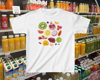 Fruit Collage Baby Tee, Y2k Baby Tee, Scrapbook Aesthetic, Coconut Girl Top, Farmers Market Shirt, Vintage Summer Crop Top, Strawberry Shirt
