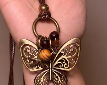 Boho Butterfly Pendant Necklace: Brass Filigree, Beads & Star Charm