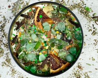 Vela de soja Abundancia: cristales de aventurina, jade y pirita - Aroma a bergamota y pachulí - Vela mágica para el dinero