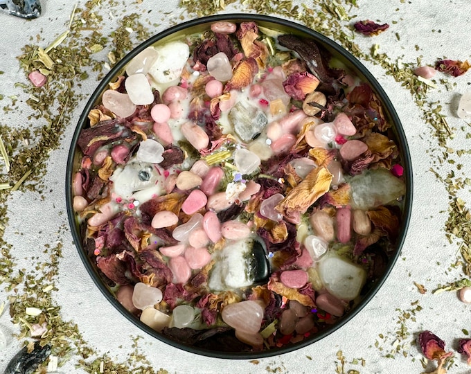Self Serenity Soy Wax Candle: Rose Quartz, Rhodonite & Herbs