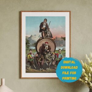 May include: A vintage illustration of a group of people riding on a large barrel with a goat pulling them. The barrel is labelled "Wisk is the name of the delicious drink".