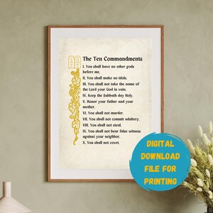 May include: Printable digital download of The Ten Commandments in a vintage style font. The text is in a gold color on a white background with a decorative border.