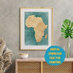 May include: A printable digital download of an African map with a teal background and gold text. The text is a collection of African proverbs. The text reads: "African proverbs Little by little grows the baobab tree No share to the top of a palm tree A little rain each day will fill the rivers to overflowing If you pick up one end of the stick you also have to pick up the other Don't think there are no crocodiles just because the water is calm Wisdom is like a baobab tree, one cannot full the stem and it wants to grow No matter how hard we are, the sun will still endure it One arrow that can breach down an elephant A man's voice can be his own trumpet A roaring lion never hunts in game To get lost is to learn the way Don't fight a lion when a sloth One who showers with a dish magnificent wrist teacher I love more than my own mother And it's yours too"