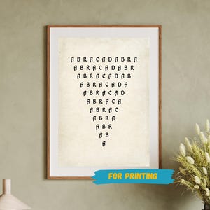 May include: A printable poster featuring the word "ABRACADABRA" written in a descending pattern, starting with the full word at the top and ending with the letter "A" at the bottom.