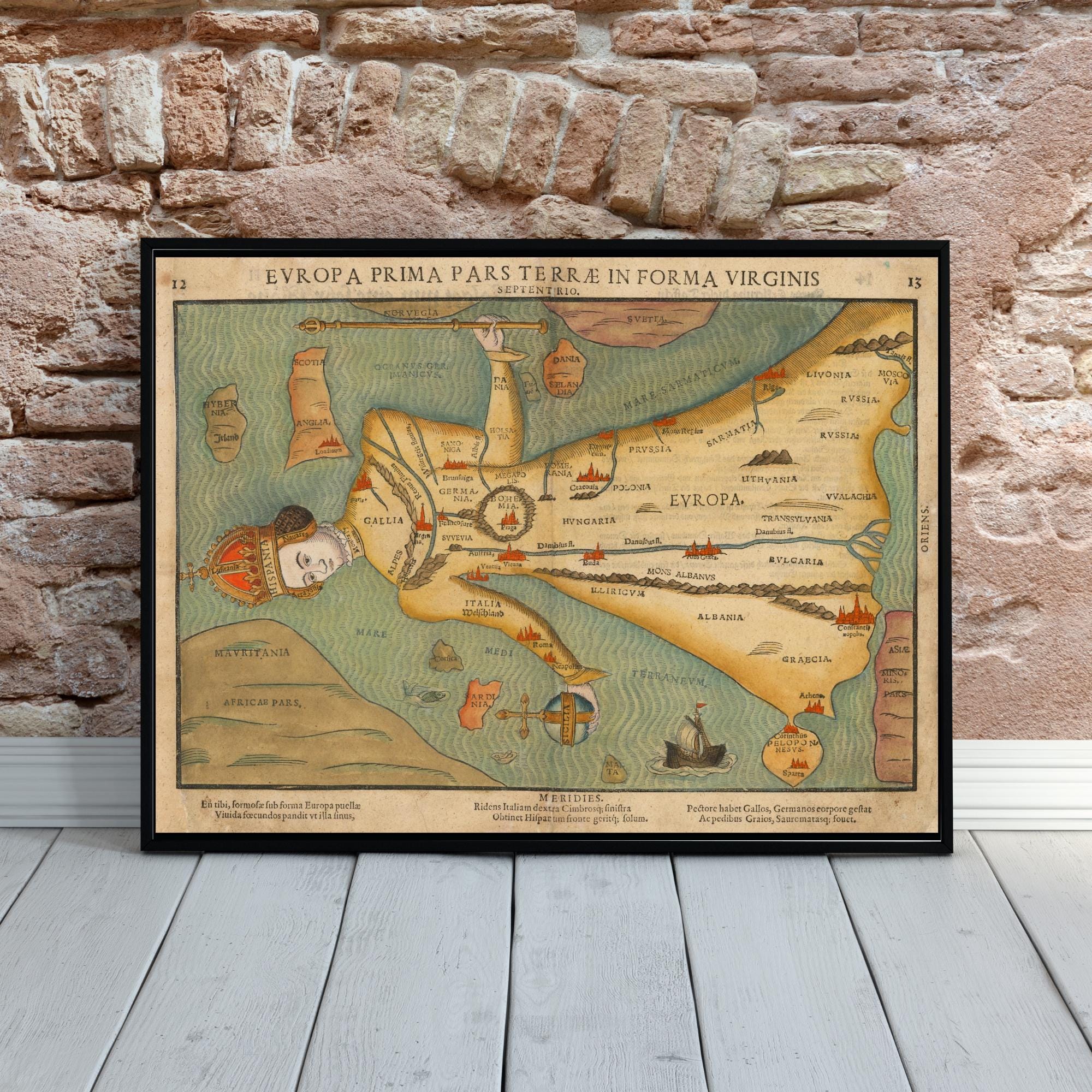 Anthropomorfic Map of Europe 1580 Wall Art Vintage Antique Historical ...