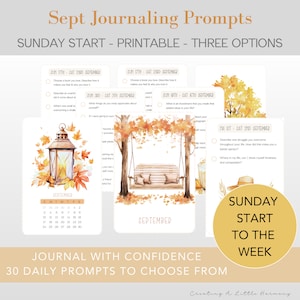 September Journaling Prompts, Daily Journal Prompts, Printable Journal Prompts Cards, Journaling Ideas, Writing Prompts Set, Sunday Start