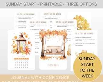 September Journaling Prompts, Daily Journal Prompts, Printable Journal Prompts Cards, Journaling Ideas, Writing Prompts Set, Sunday Start