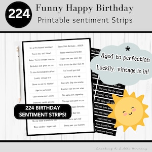 Bandes de sentiment d'anniversaire drôle imprimables, bandes de sentiment noir et blanc, fabrication de cartes humoristiques, papercraft, techniques mixtes, imprimer et créer