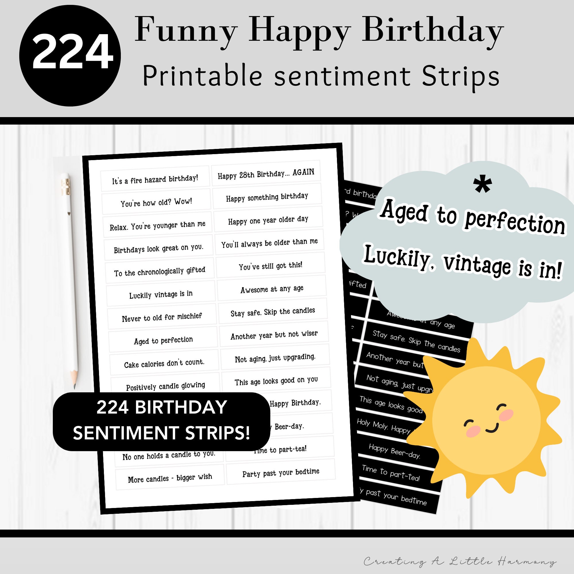 Printable Funny Birthday Sentiment Strips, Black and White Sentiment ...