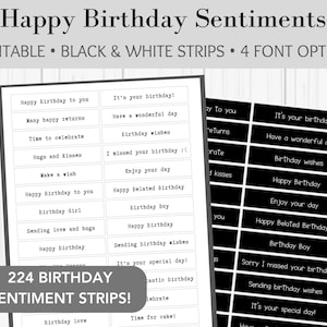 Strisce sentimentali di compleanno stampabili / Strisce sentimentali in bianco e nero / Creazione di cartoline, creazioni con la carta, diari, supporti misti / Stampa e crea /