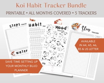 Undated Koi Themed Planner Habit Trackers | Printable Habit Trackers | Water Tracker | Sleep Tracker | Mood Tracker | Bullet Journal Tracker