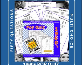 Quiz sulla musica pop degli anni '60 - Gioco da tavolo stampabile (download digitale)