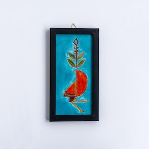 Handmade Decorative Ceramic Tile, Unique Bird Pattern with Olive-Branch Wall Hanging with Frame, Housewarming Gift, Wall Art