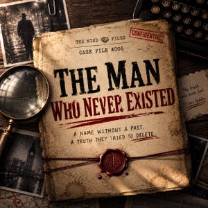 Pode incluir: Uma pasta de documentos bege envelhecida intitulada The Man Who Never Existed, Case File #006, com um carimbo vermelho Confidential, um selo de cera com um ícone de cérebro e o texto A name without a past. A truth they tried to delete, com uma lupa.