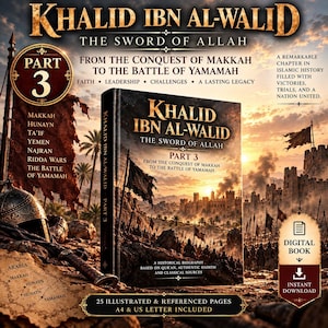 Könnte beinhalten: Ein digitales Buch mit dem Titel Khalid Ibn Al-Walid: The Sword of Allah Part 3, das eine historische Schlachtfeldszene mit einer Burg, Soldaten und Flaggen zeigt. Der Text beschreibt die Eroberung von Mekka bis zur Schlacht von Yamama.