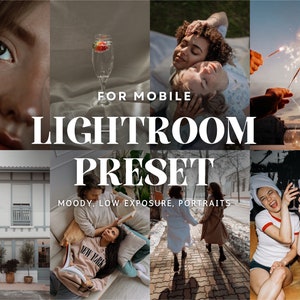 Puede incluir: Un collage de imágenes que muestran un preset de Lightroom para dispositivos móviles. El preset crea un efecto de ambiente oscuro y baja exposición, ideal para retratos. Las imágenes muestran una pareja, una mujer leyendo un libro, dos mujeres riendo y una ciudad nocturna.