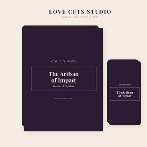 Könnte beinhalten: Ein digitales PDF-Handbuch mit dem Titel "The Artisan of Impact" von Love Cuts Studio. Das Cover ist tiefviolett mit einem rechteckigen Textfeld in einem helleren Farbton. Eine kleinere Version des Handbuchs befindet sich rechts.