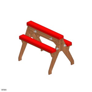 May include: A wooden bench with red padded seating. The bench has a unique A-frame design with two levels of seating. Metal hardware is visible. The bench is made of light brown wood and has a modern aesthetic.