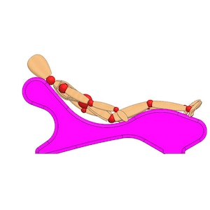 May include: A wooden poseable artist's figure reclines on a bright pink chaise lounge. The figure is articulated with red joints. The chaise lounge has a curved design and is set against a white background.