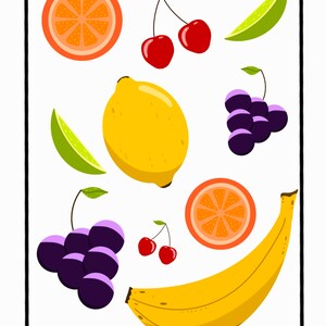 Peut inclure: Une illustration numérique d'une variété de fruits, dont un citron, une banane, une lime, des cerises, des raisins et des tranches d'orange. Les fruits sont disposés de manière aléatoire sur un fond blanc.