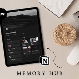 Op de afbeelding: Een screenshot van een tablet waarop een Notion-werkruimte wordt weergegeven met de titel "Memory Hub". De werkruimte is onderverdeeld in secties voor "Onderwerpen", "Notities" en "Highlights". De werkruimte is verbonden met een Notion-app-pictogram.