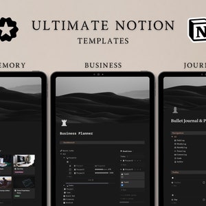 May include: Three screenshots of a dark-themed Notion workspace, showing different templates for memory, business, and journaling. The memory template has a section called "My Hub" with categories like "Highlights", "Making money online", and "Team Proprietary", The business template has a section called "Business Planner" with categories like "Quick Links", "Projects", "Tasks", and "Deadlines". The journal template has a section called "Bullet Journal & Planner" with categories like "Navigation", "Daily Log", "Weekly Log", and "Monthly Log".
