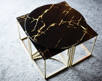 Couchtisch Luxus Art Deco Runder Designer Couchtisch 5er Set Gold mit schwarzem Glas - Salon Tisch - Luxus Qualität