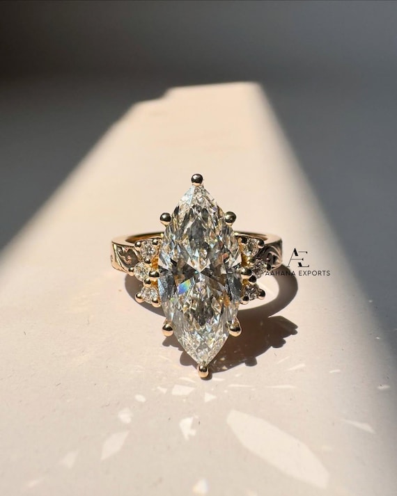 3.00 CT Marquise Diamond Engagement Ring | Lab Grown Diamond | Vintage Cluster Ring Engraved Band | Yellow Gold | Art Deco | Engagement Gift