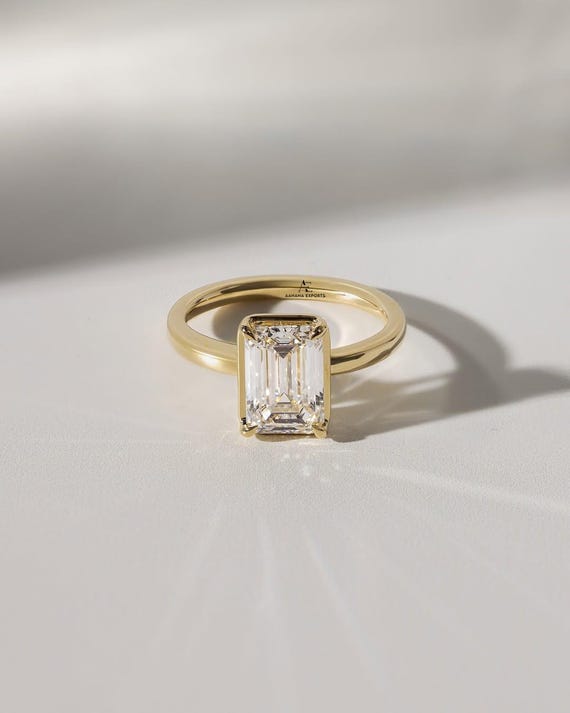 2CT Emerald Cut Lab-Grown Solitaire Ring, 14K Yellow Gold Engagement Ring, Bezel Setting, Statement Ring, Gift For Her, Anniversary Ring.