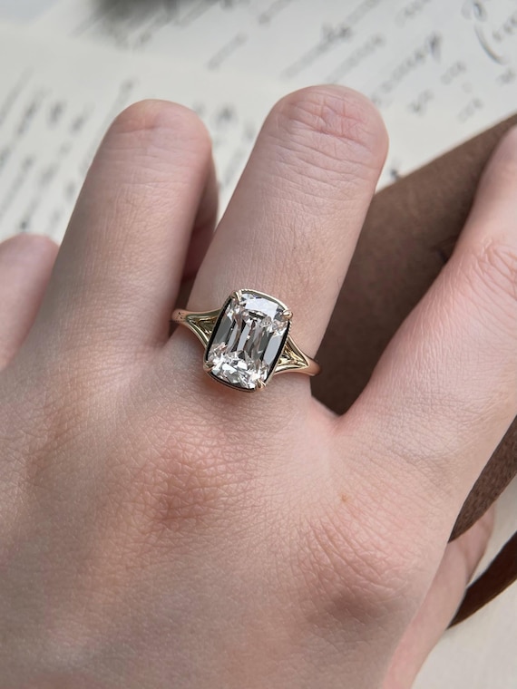 4Ct Cushion Old Mine Cut Diamond Engagement Ring Engraved Hidden Halo 14Kt Gold IGI Certified Solitaire Handmade Ethical Bespoke Luxury Fine